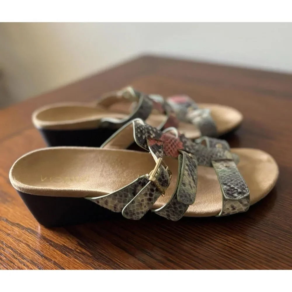 Vionic Radia Snake Print Wedge Sandals Women's Size 8 Orthaheel Triple Strap